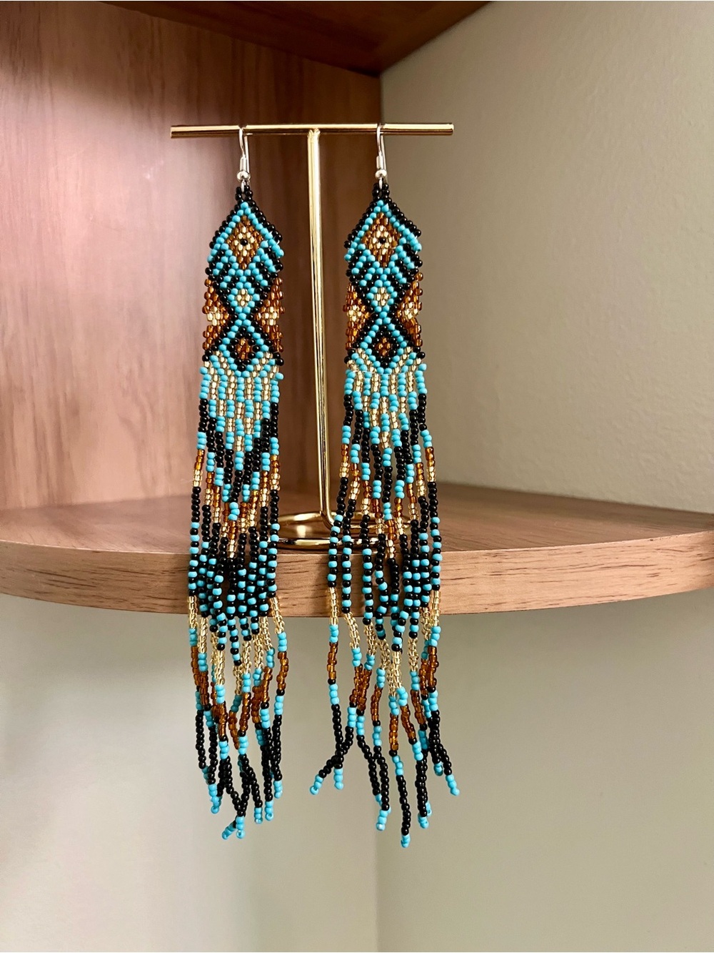 Blue and Bronze Geometric Seed Bead Fringe Earrings